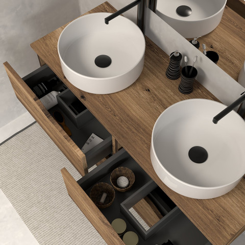 Meuble de salle de bain 120 avec plateau et 2 vasques à poser - sans miroir - 4 tiroirs - tabaco (bois foncé) - luna
