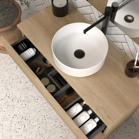 Meuble de salle de bain 80 avec plateau et vasque à poser - 3 tiroirs - madera miel (bois clair) - mata