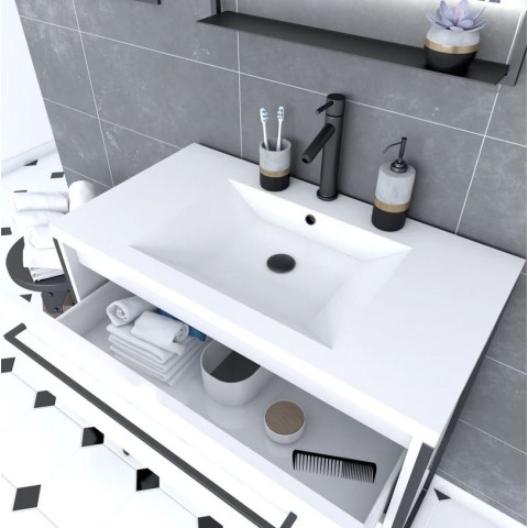 Meuble de salle de bain 80x50cm Blanc -2 tiroirs - vasque résine blanche - pieds et poignées Aurlane - PACM010