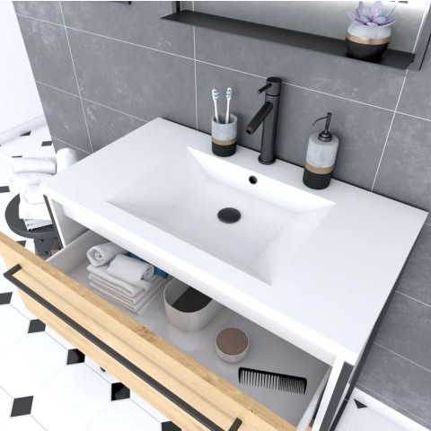 Meuble de salle de bain 80x50cm Blanc - 2 tiroirs chêne naturel - Vasque blanche - STRUCTURA F023 Aurlane - PACM032