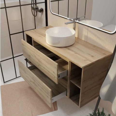 Meuble de salle de bains 120 cm - Décor chêne 2 tiroirs vasque blanche à poser - TIMBER Aurlane - PACM844