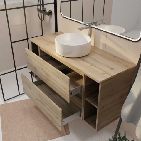 Meuble de salle de bains 120 cm - Décor chêne 2 tiroirs vasque blanche à poser et miroir LED 100x70 - TIMBER Aurlane - PACM845
