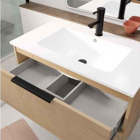 Meuble de salle de bains 60cm suspendu décor bois clair 2 Tiroirs - Vasque blanche - ELEMENTARY Aurlane - LAV1089