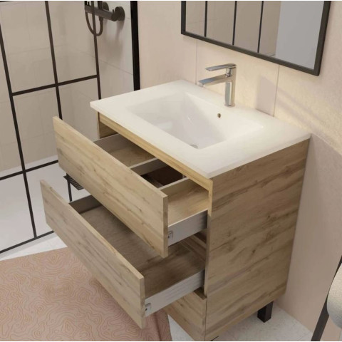 Meuble de salle de bains 70 cm TIMBER - Décor chêne naturel 3 tiroirs avec vasque blanche Aurlane - PACM816