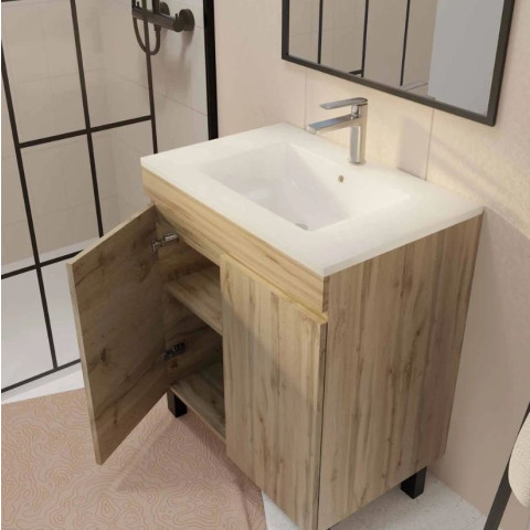 Meuble de salle de bains 70cm TIMBER décor chêne naturel à portes - Vasque blanche et Miroir 70x50 Aurlane - PACM802