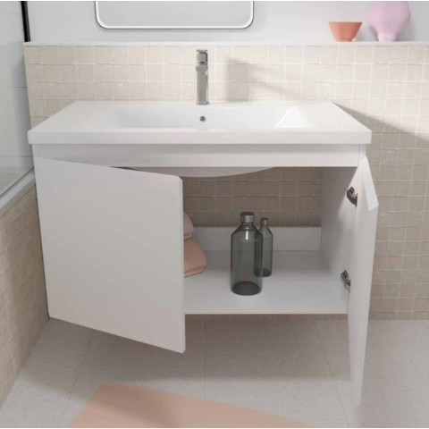 Meuble de salle de bains 80cm à suspendre Blanc 2 Portes - Vasque Blanche - ELEMENTARY Aurlane - LAV1037