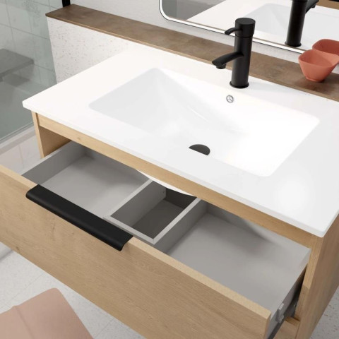 Meuble de salle de bains 80cm suspendu décor bois clair 2 Tiroirs - Vasque blanche - ELEMENTARY Aurlane - LAV1090