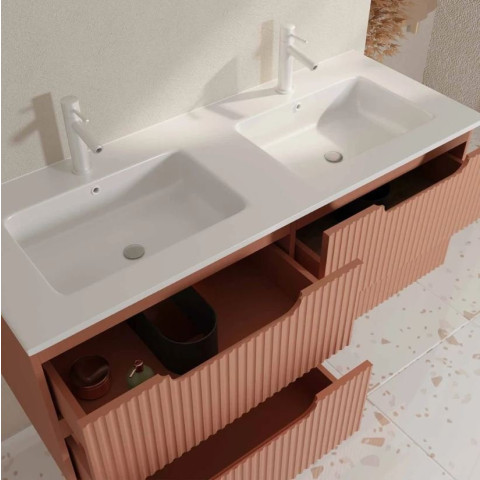 Meuble de salle de bains LEON 120cm Terracotta - 4 Tiroirs en MDF ondulés - Vasques à encastrer Aurlane - PACM913