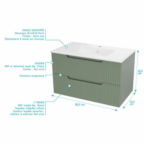 Meuble et colonne de salle de bains 80cm vert olive - Façades ondulées - Vasque blanche mate - LEON Aurlane - PACM793