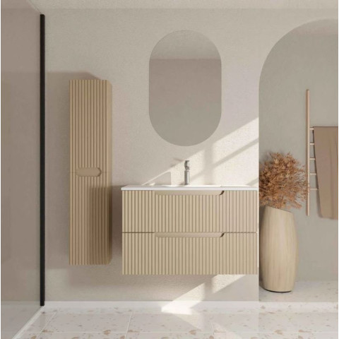 Meuble et colonne de salle de bains LEON 80cm - Façade ondulée - Vasque blanche mate - LEON Aurlane - Couleur au choix
