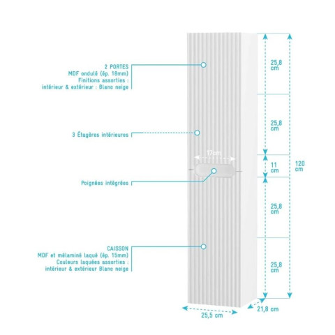 Meuble et colonne de salle de bains LEON 80cm - Façade ondulée - Vasque Ronde 36cm - LEON Aurlane - Couleur au choix