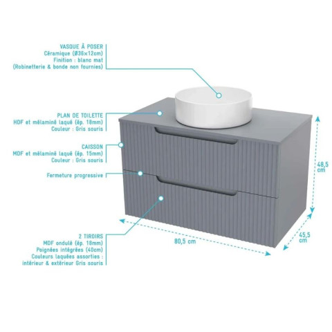 Meuble et colonne de salle de bains LEON 80cm - Façade ondulée - Vasque Ronde 36cm - LEON Aurlane - Couleur au choix