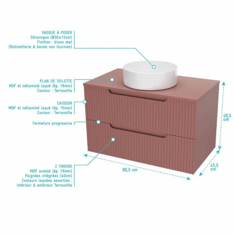 Meuble et colonne de salle de bains LEON 80cm - Façade ondulée - Vasque Ronde 36cm - LEON Aurlane - Couleur au choix