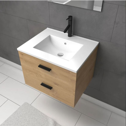 Meuble salle de bain 60 cm suspendu 2 tiroirs finition Bois avec vasque et miroir - BOX-IN 60 WOOD Aurlane - LAV627