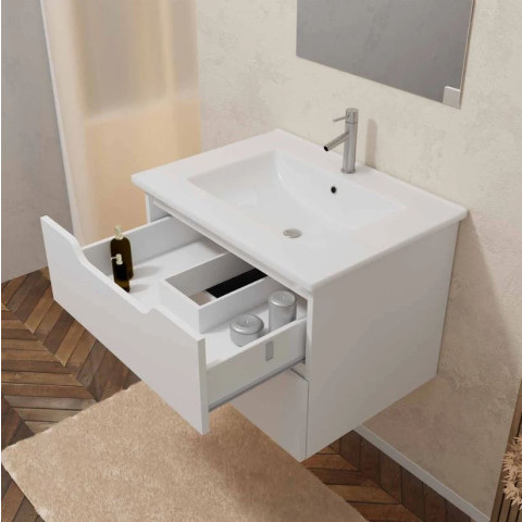 Meuble salle de bain 60cm suspendu 2 tiroirs blanc laqué poignées intégrées vasque et miroir – MILA Aurlane - LAV959