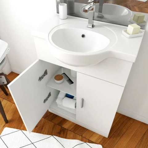 Meuble salle de bain blanc 60 cm sur pied + vasque céramique blanche + miroir applique LED - THRIFTY Aurlane - LAV300