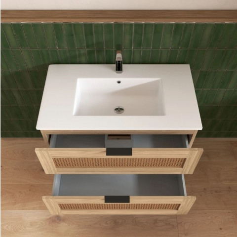 Meuble salle de bain cannage 60cm décor bois et cannage - 2 tiroirs vasque et miroir - APOLLINE Aurlane - LAV1039