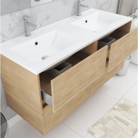 Meuble salle de bains 120 cm chêne clair 4 tiroirs vasque miroirs 60x80 et réglettes LED - XENOS Aurlane - PACM639