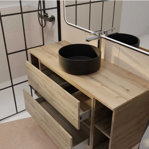 Meuble salle de bains 120 TIMBER Décor chêne 2 tiroirs - Vasque noire à poser Aurlane - PACM846