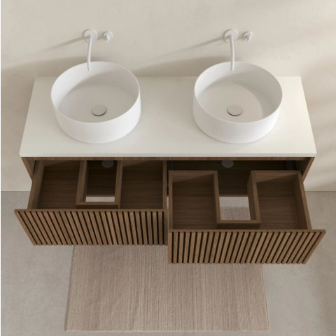 Meuble salle de bains 120cm 2 Tiroirs décor chêne et noir cranté - Plan et vasque blanche - YUKI Aurlane - PACM906