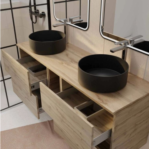 Meuble salle de bains 140 TIMBER Décor chêne 4 Tiroirs et Module Vasques noires Miroirs LED 60x80 Aurlane - PACM857