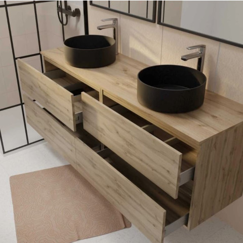 Meuble Salle de Bains 160 TIMBER Décor chêne 4 Tiroirs - Vasques à poser Noires 2 Miroirs 75x55 Aurlane - PACM861