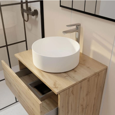 Meuble salle de bains 60cm 2 Tiroirs chêne naturel + Vasque ronde diamètre 36cm en céramique blanche Aurlane - PACM740
