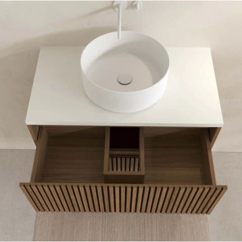 Meuble salle de bains 80 2 tiroirs décor chêne et Noir - Vasque et plan Blancs - Miroir LED 70 - YUKI Aurlane - PACM886