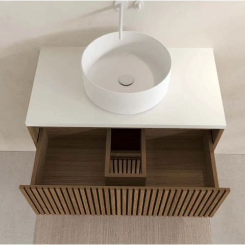 Meuble salle de bains 80 2 tiroirs décor chêne et Noir - Vasque et plan Blancs - Miroir ovale - YUKI Aurlane - PACM889