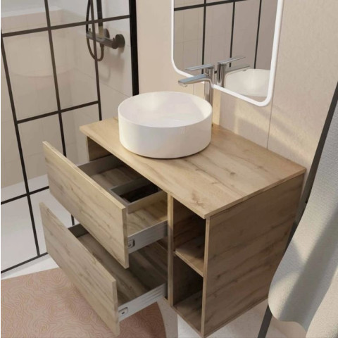 Meuble salle de bains 80 TIMBER Décor chêne Tiroirs + Module - Vasque Blanche - Miroir 60x80 LED Aurlane - PACM824