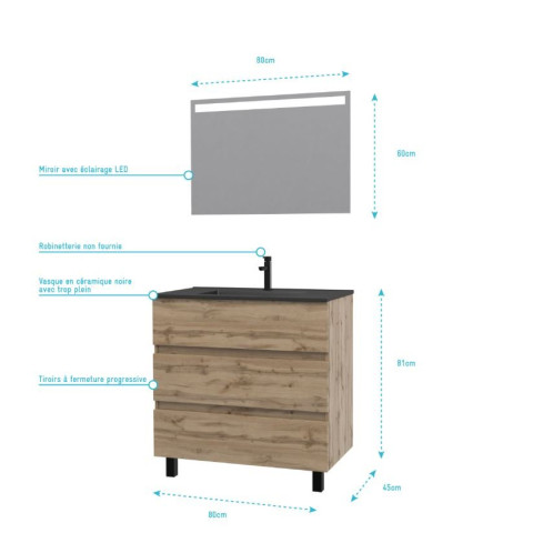 Meuble salle de bains 80cm décor chêne naturel 3 tiroirs - Vasque noire et Miroir Led - TIMBER Aurlane - PACM228