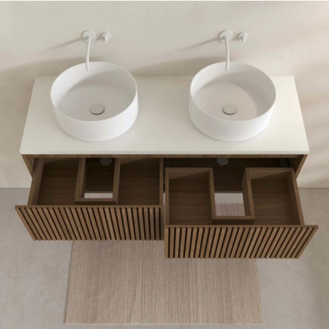 Meuble salle de bains 120 2 tiroirs décor chêne et Noir - Vasque et plan Blancs - Miroir LED 50 - YUKI Aurlane - PACM887