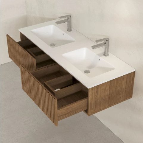 Meuble salle de bains YUKI 120 - 2 Tiroirs décor chêne et noir - Vasque Blanche - Miroirs ovales 50x80 - YUKI Aurlane - PACM884