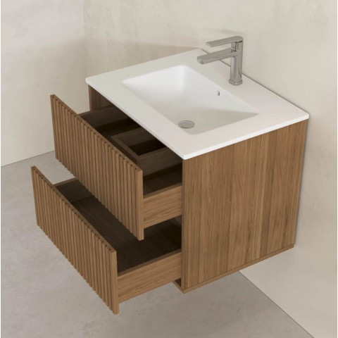 Meuble salle de bains YUKI 60 - 2 Tiroirs décor chêne et noir - Vasque Blanche - Miroir LED 60 - YUKI Aurlane - PACM879