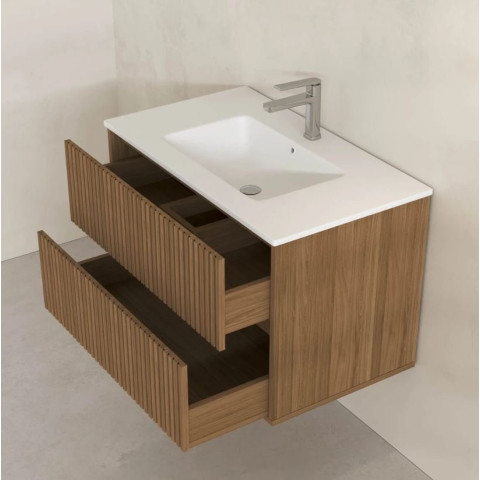 Meuble salle de bains YUKI 80 - 2 Tiroirs décor chêne et noir - Vasque Blanche - Miroir LED 70 - YUKI Aurlane - PACM880