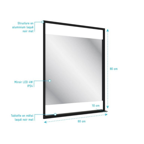 Miroir salle de bain LED auto-éclairant 60x80cm laqué noir mat - FRAMED MIRROR LED Aurlane - LAV549
