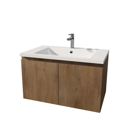 Meuble de salle de bains 75cm à suspendre décor bois clair - 2 portes - vasque blanche - elementary Aurlane - LAV955