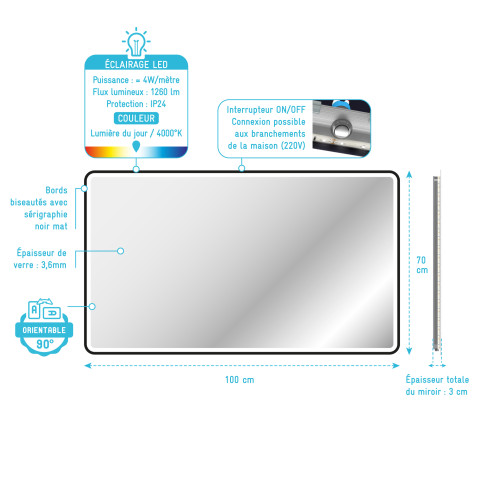 Miroir led salle de bain et contour noir - 100x70cm - go black led Aurlane - MIR064