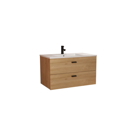 Meuble de salle de bains 80cm décor bois - 2 tiroirs - vasque blanche et mitigeur noir