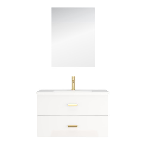 Meuble salle de bains 80 cm laqué blanc et or doré à tiroirs avec vasque céramique et miroir