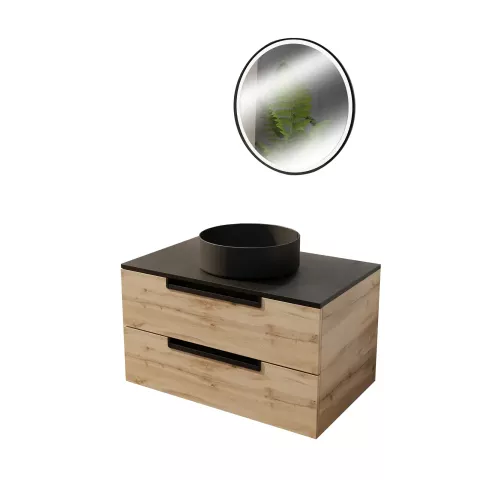 Meuble salle de bains 80cm décor bois et noir, 2 tiroirs, vasque noire ø36cm et miroir led ø50cm Aurlane - PACM776