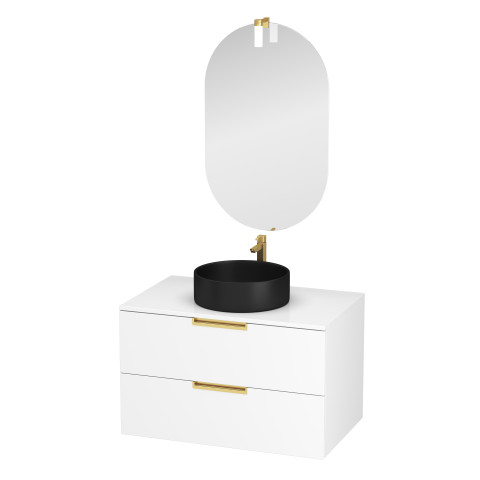 Meuble salle de bains 80cm laqué blanc et or doré 2 tiroirs - vasque noire - miroir & applique led