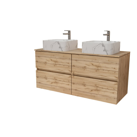 Meuble salle de bains 120cm 4 tiroirs chêne naturel - 2 vasques blanches effet marbre 38x38x13cm Aurlane - PACM754