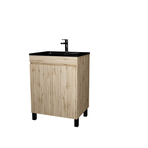 Meuble de salle de bains 60 cm 2 portes chêne naturel + vasque céramique noire - timber