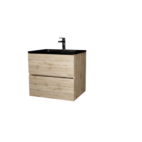 Meuble de salle de bains 60 cm 2 tiroirs chêne naturel + vasque céramique noire - timber
