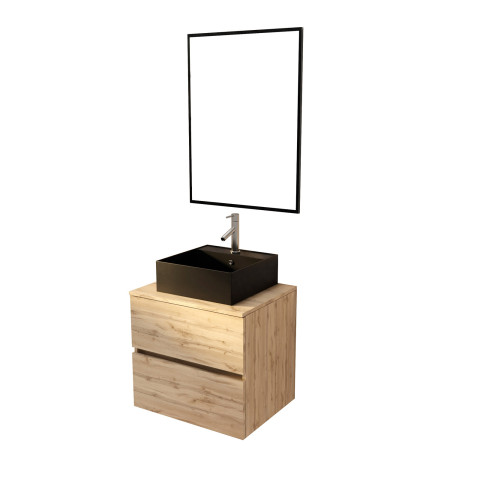 Meuble salle de bains 60cm 2 tiroirs chêne naturel + vasque carrée noire 41x41cm et miroir 60x80cm Aurlane - PACM759