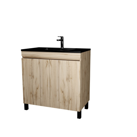 Meuble de salle de bains 80 cm 2 portes chêne naturel + vasque céramique noire - timber