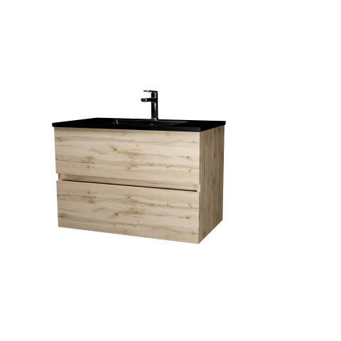 Meuble de salle de bains 80 cm 2 tiroirs chêne naturel + vasque céramique noire - timber