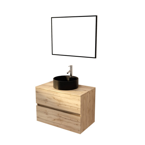 Meuble salle de bains 80cm 2 tiroirs chêne naturel + vasque ronde noire 41cm et miroir 60x80cm Aurlane - PACM761