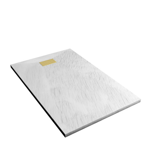 Pack receveur blanc effet pierre 90x140 cm et grille décor perforée or doré brossé - rock 2